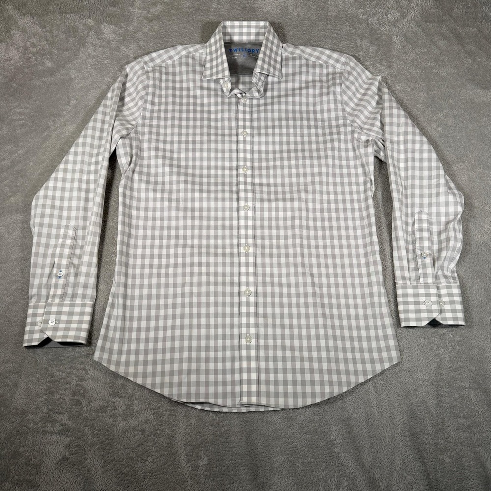 Twillory Shirt Mens 15.5/32-33 Gray White Gingham Performance Stretch Dress Work